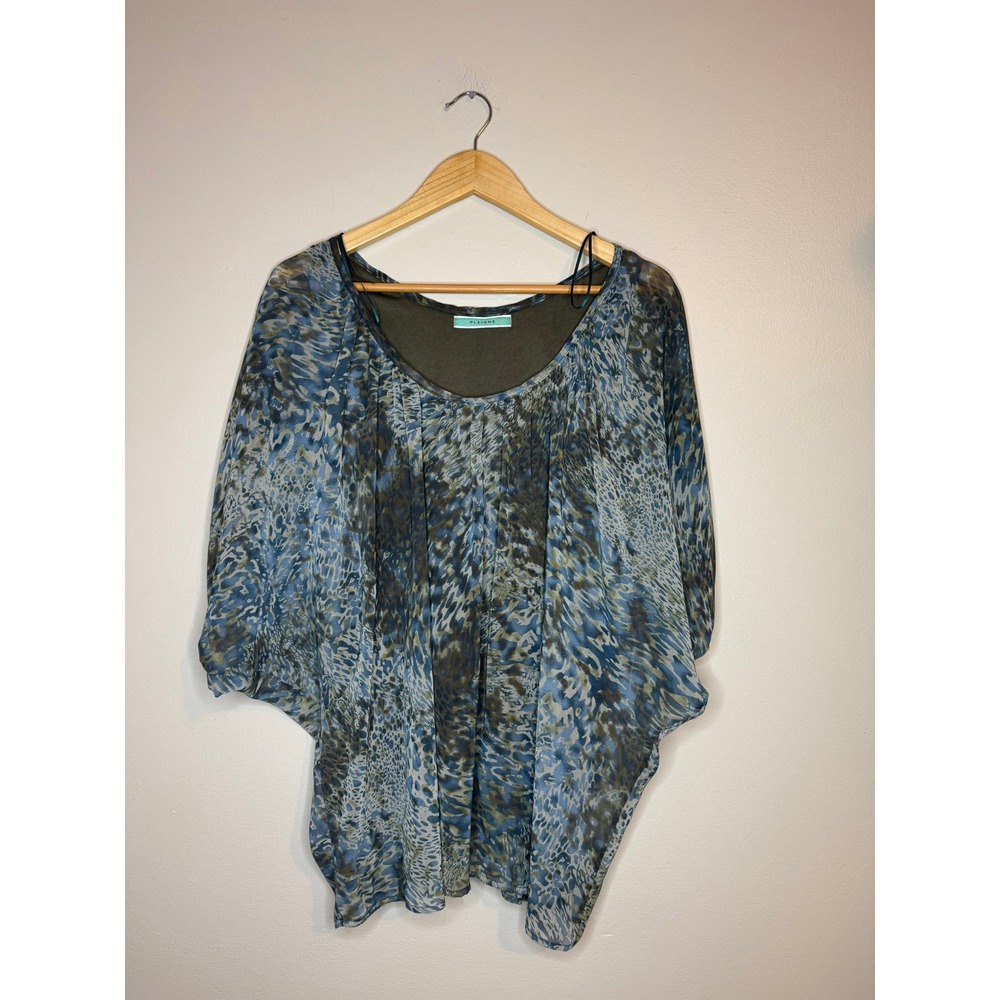 Pleione Sheer Blouse Medium Blue‎ Green Abstract Print Flowy Top